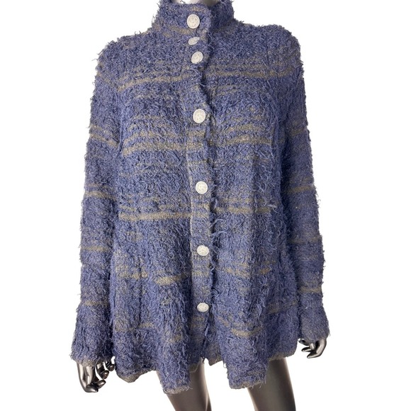 Free‎ people Blue Fuzzy Striped Button Up Coat Jacket Unique Collarless S/P - Picture 3 of 11